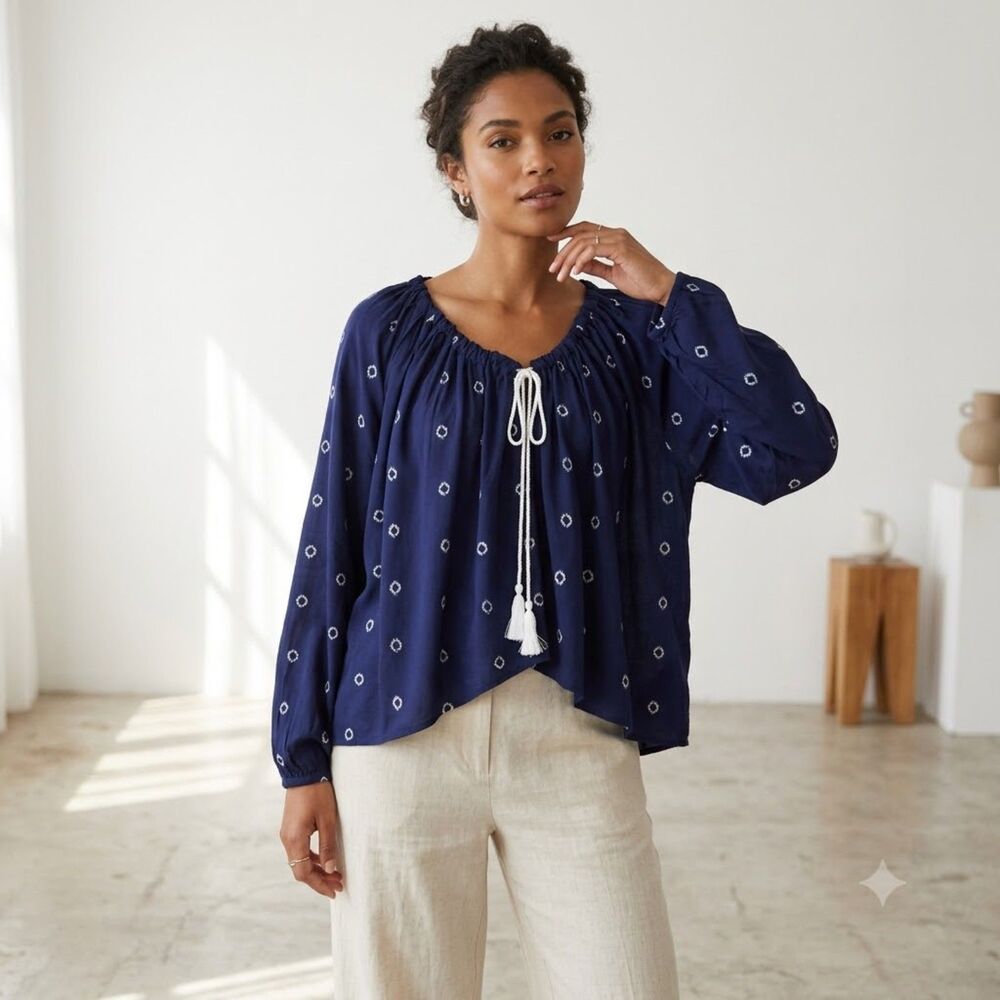 Solito Navy Blue/White Batik Gathered Top Oversized XS Casual Blousy